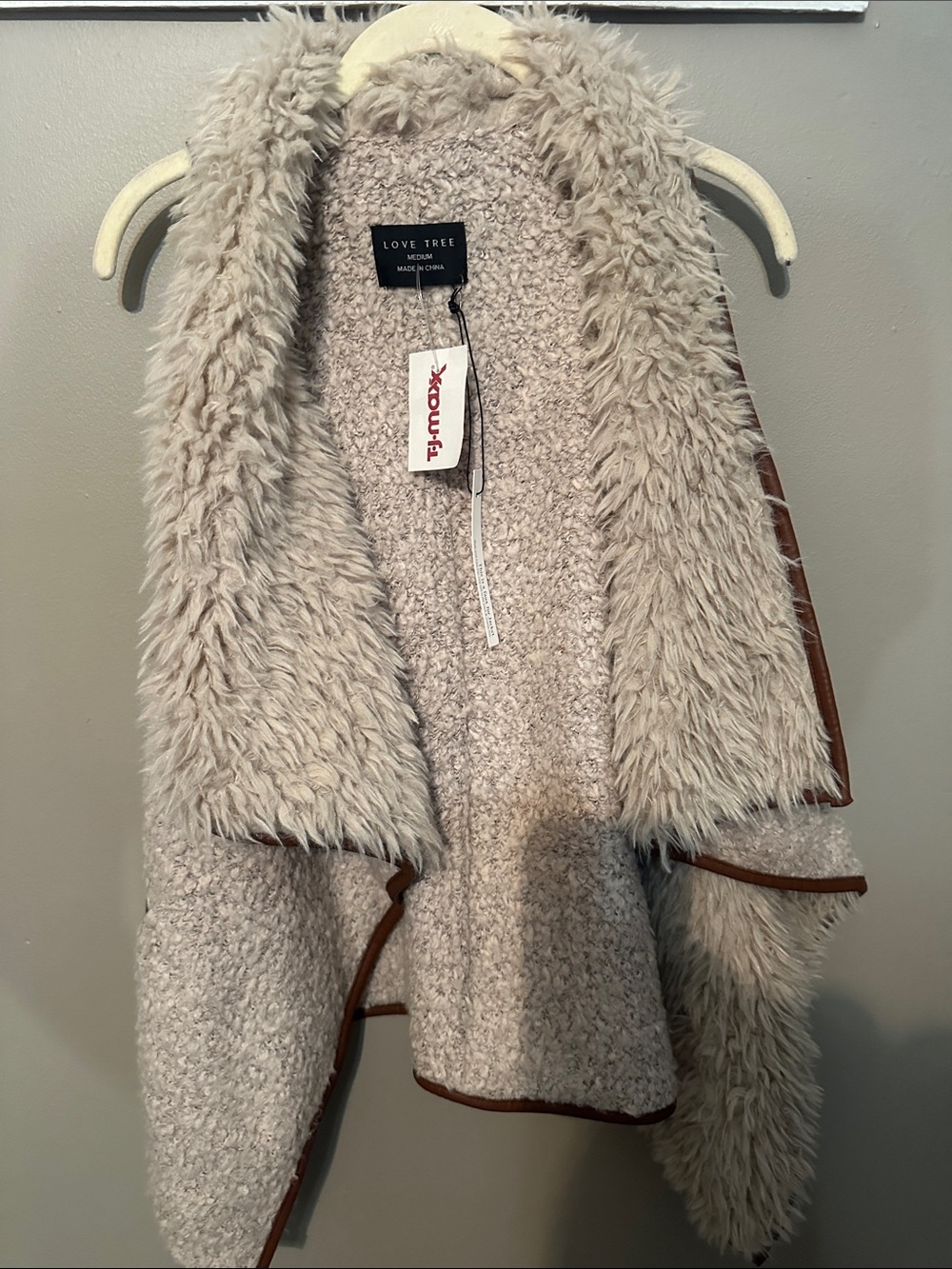Love Tree Beige/Cream Faux-Shearling Teddy Jacket with Brown Trim